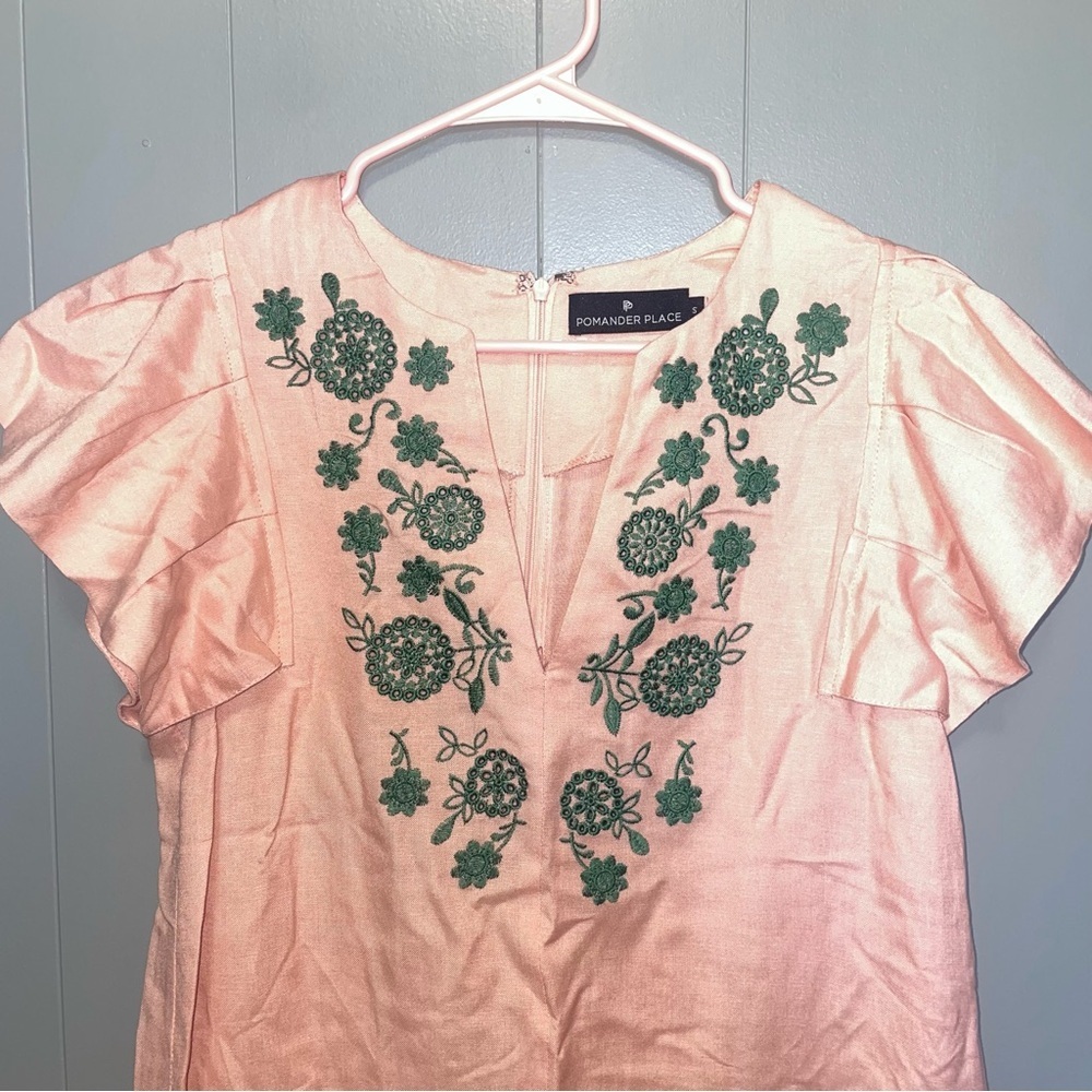 Tuckernuck Pomander Place Emma Pink Linen with Green Embroidery Midi Dress Small - Picture 4 of 8